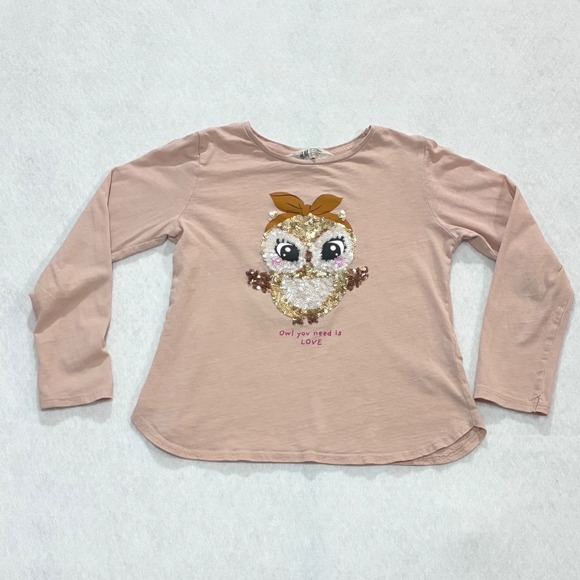 H&M Other - H&M Girls Owl Sequin Long Sleeve Cotton Top Pink Cute Casual‎ Size 6X/7